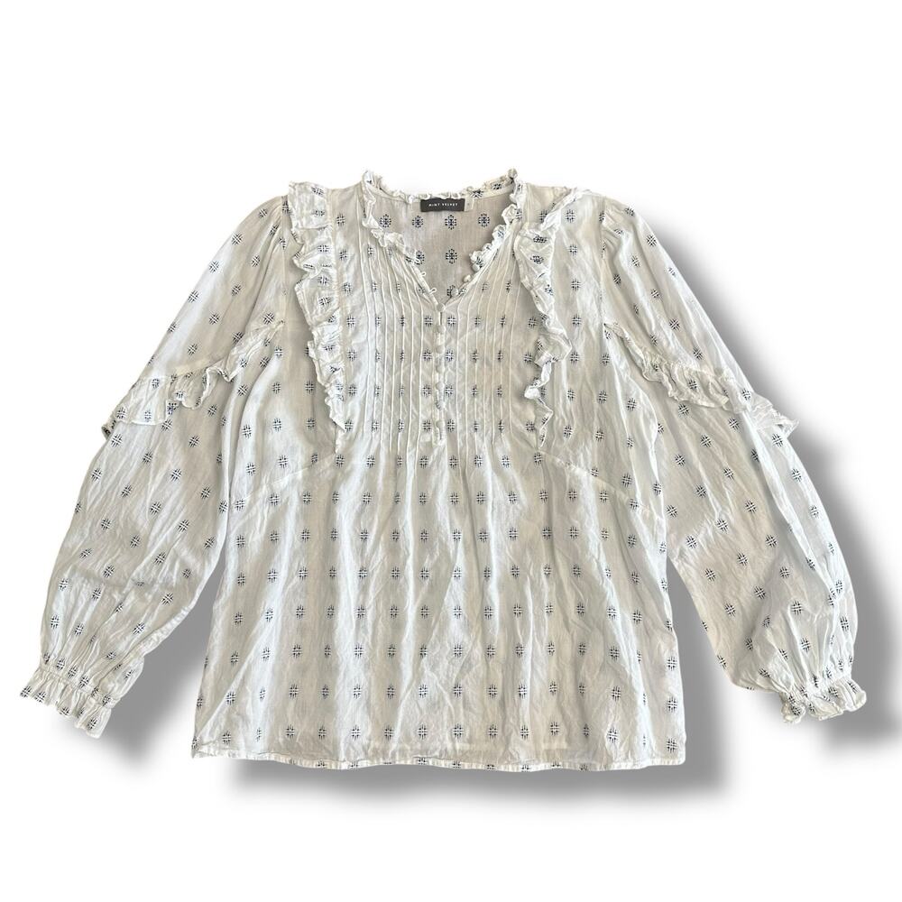 Mint Velvet White Ruffle Embroidered‎ Blouse XL Boho Romantic Cottagecore